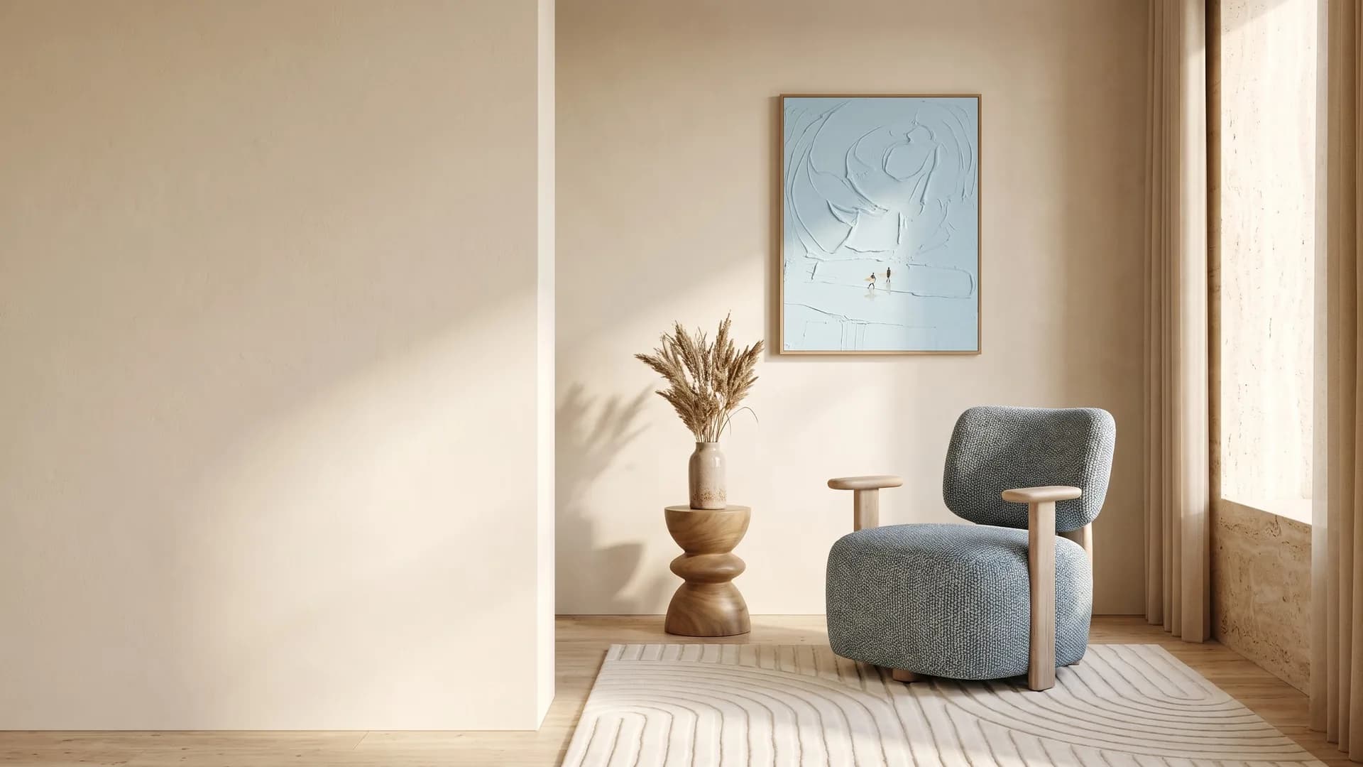 A sunlit room with a rounded upholstered armchair on carved wooden arms, an ivory rug carved in arcs and textured relief art on the wall